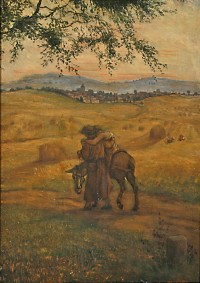 Wilhelm Steinhausen, Triptychon, Mittelbild: Der barmherzige Samariter auf dem Weg zur Pflege, 1890, 40 x 29 cm, Steinhausen-Stiftung, Frankfurt am Main